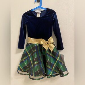 Bonnie Jean Blue and Green Plaid Holiday Dress with Gold Bow